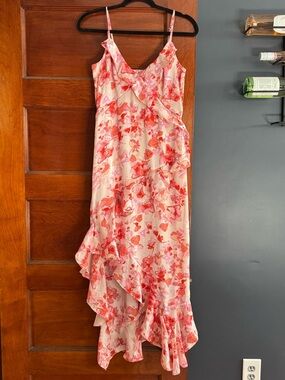 Pink and Red Floral Asymmetrical Silky Dress